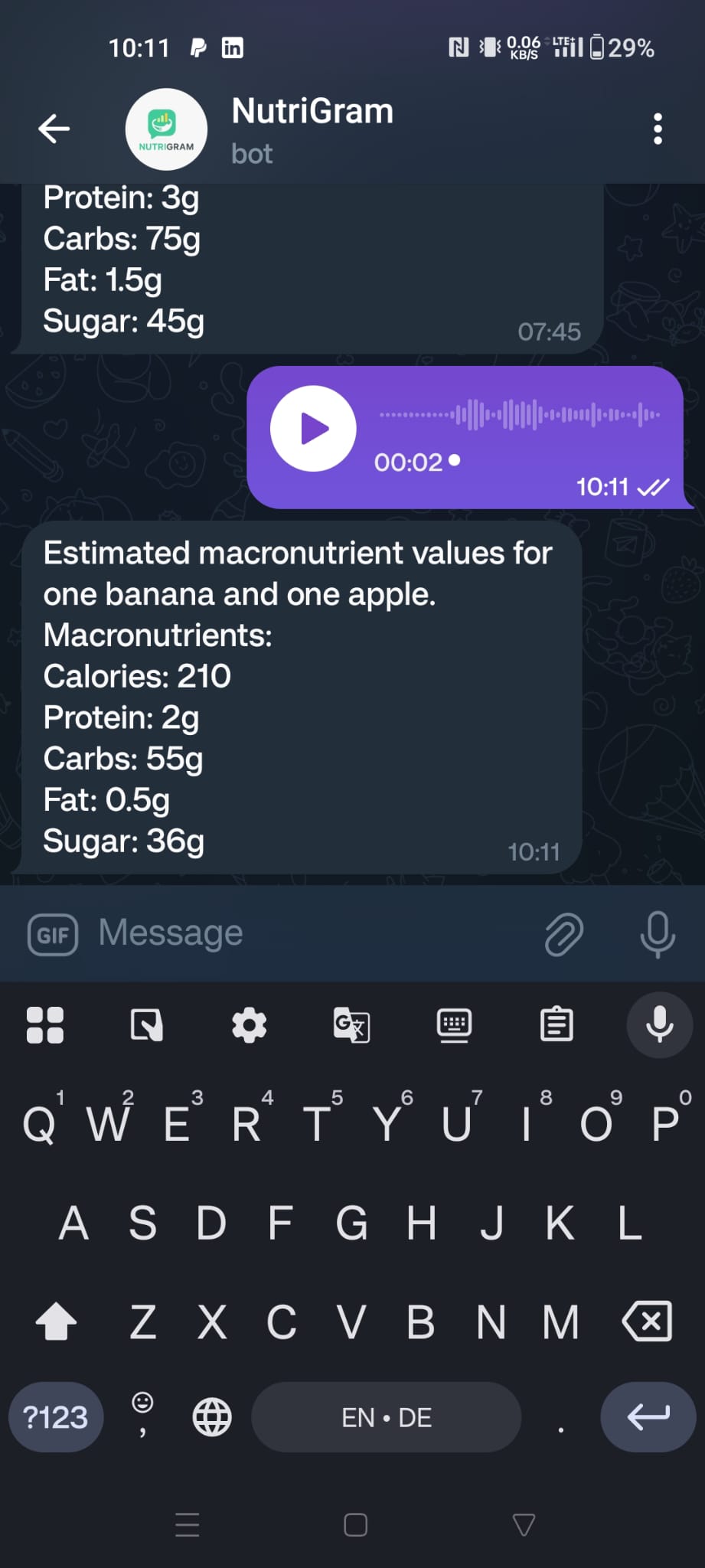 NutriGram audio input feature showing nutritional breakdown of fruits