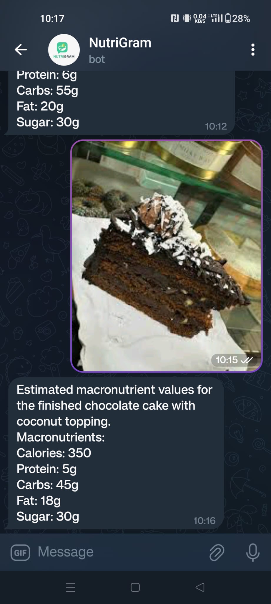 NutriGram image input feature showing nutritional breakdown of chocolate cake