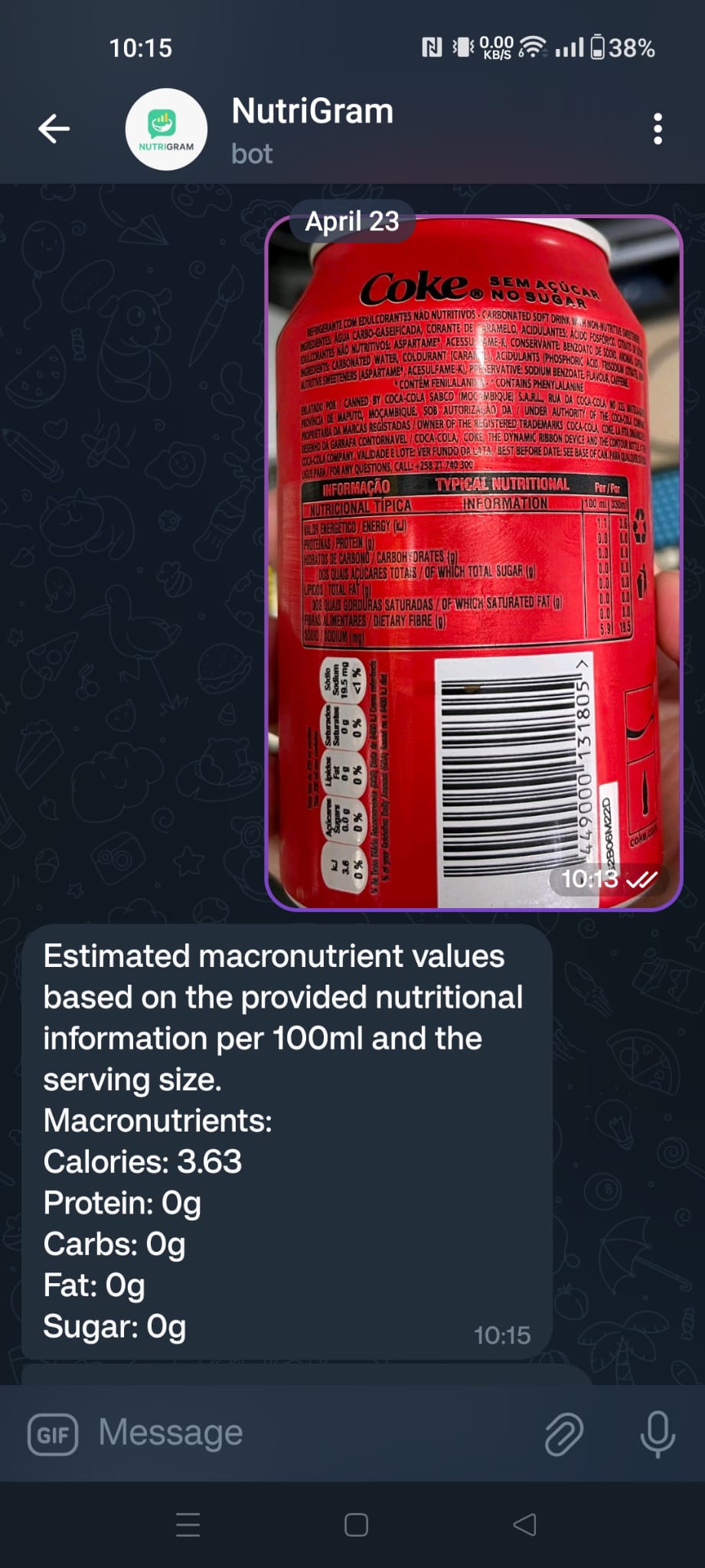NutriGram nutrition label scanning feature extracting nutritional info from a Coke can