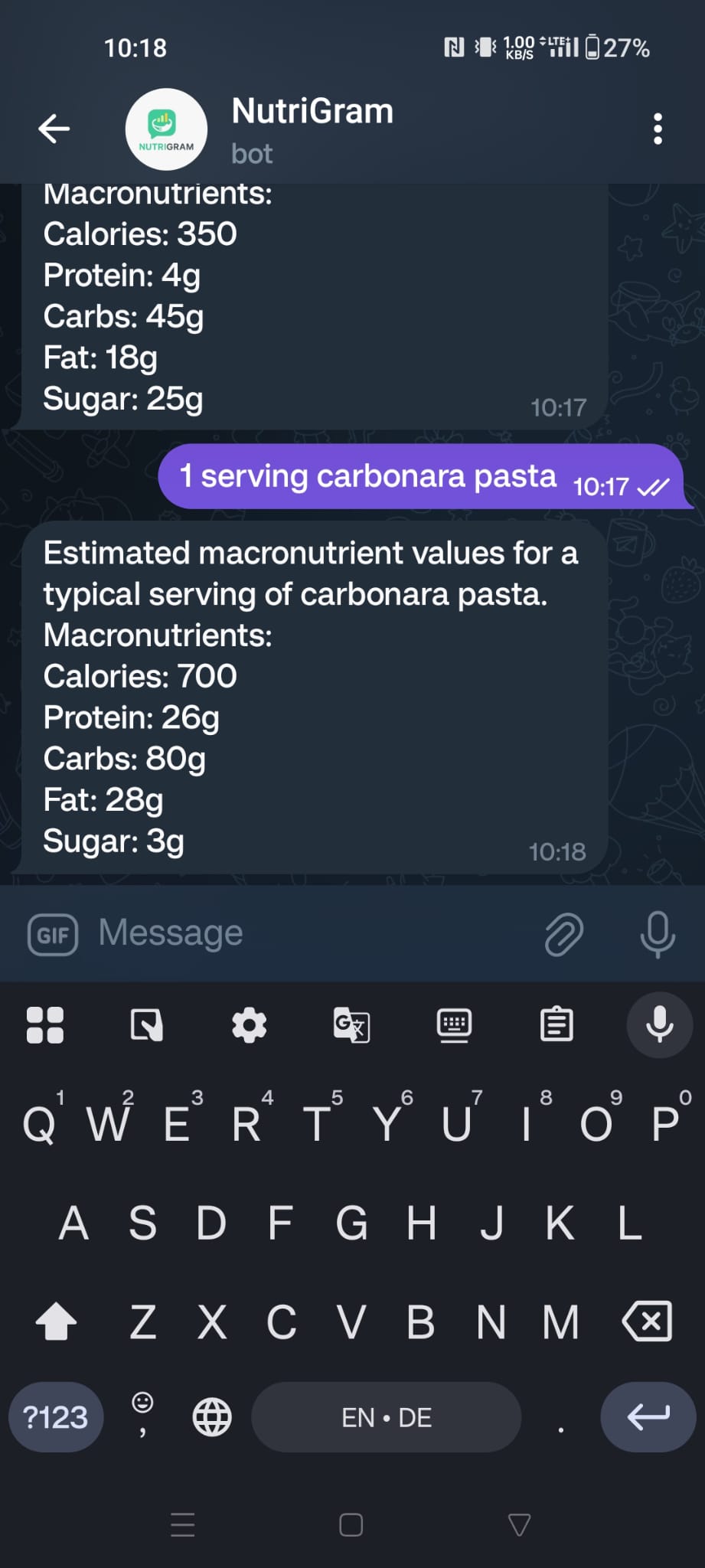 NutriGram text input feature showing nutritional breakdown of carbonara pasta